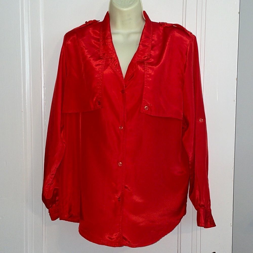 Vtg 80s/90s Messages red shiny military look polyester shirt
